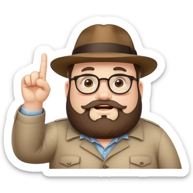 Fat bearded nerd wearing fedora hat pointing up to the sky with finger sticker