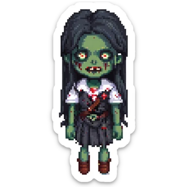 girl zombie with black long hair with teeth and serious face sticker