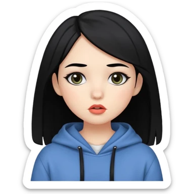 A bit white,has black hair and eyes, hush cut hair, has cute makeup, baggy clothes sticker