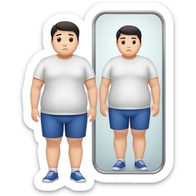 A young Asian guy looks sadly at his overweight body in the full-length mirror. sticker