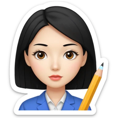 a korean cosmetics marketing expert women with black hair, holding a pencil sticker