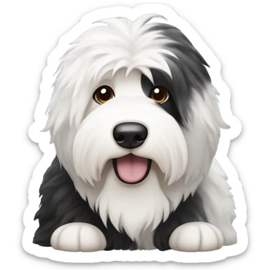 Old English sheepdog with a half and half face like a black (right side) and white (left side) cookie sticker