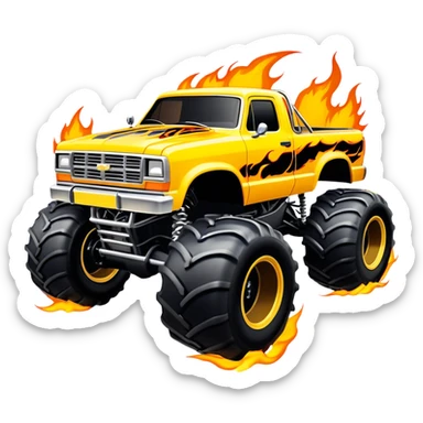 Maximum Destruction - Monster Jam (Model Year: 2021) (Iconic colour: Yellow with black flames) - A ferocious monster truck featuring a vivid yellow base accented by dramatic black flame patterns. Emphasize sharp, high-contrast flame streaks across the body, creating a look of aggressive, explosive energy. sticker