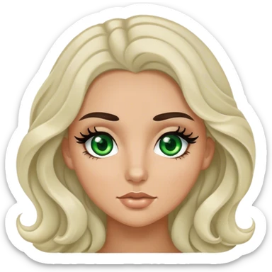 White girl with wavy black hair, green eyes with eyelashes and tan sticker