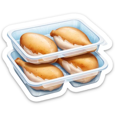 A pack of frozen chicken breasts inside a home freezer, sealed in clear plastic packaging with frost on the surface. The freezer shelves have other frozen items in the background, and cool white light reflects off the ice. Realistic photography, everyday kitchen scene. sticker