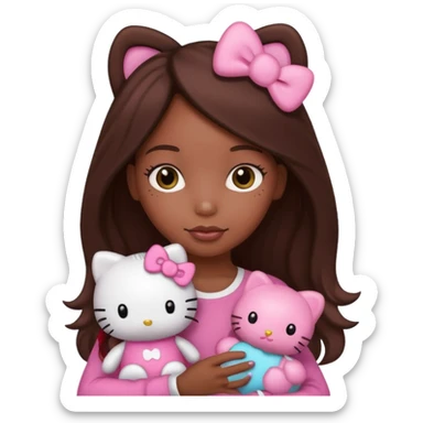 black girl with long brown hair holding a hello kitty sticker