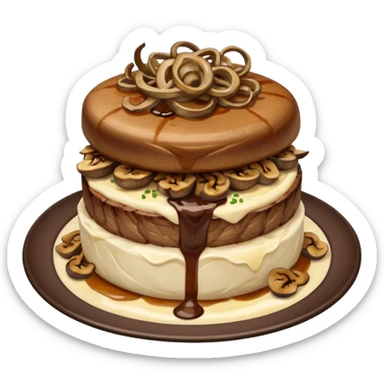 Filet mignon medium rare, mashed potatoes and gravy , in grilled chopped onions and grilled mushrooms, topped with crispy onions  sticker