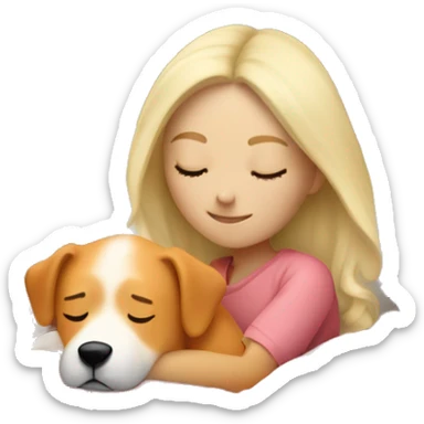 White blonde girl who sleeping peacefully with his orange dog in a bed with a white pillow and a pink blanket sticker