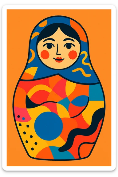 Matryoshka doll, modern artistic design, abstract patterns, bold and bright colors, unique and creative, fourth doll in a set sticker