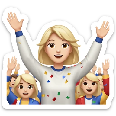 face with hands raised, confetti in the air, cheering at a parade sticker