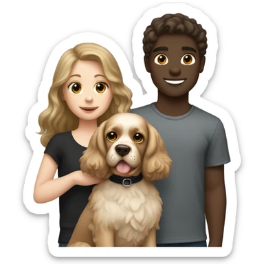 brown hair girl and Blond hair boy holding a black cocker spaniel sticker