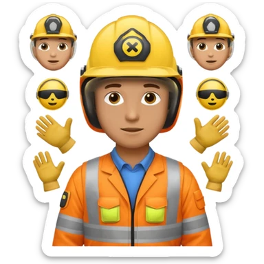 a guy wearing safety outfit with helmet standing , around him safety gears emojis  sticker