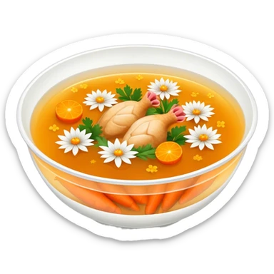 A bowl of chicken bouillon with carrots in shape of hand cut flowers sticker