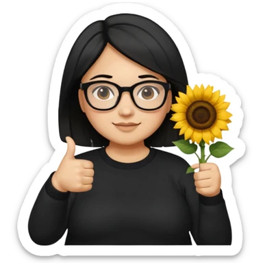 Make my biology teacher shes light brown, wears glasses, female, fat, all black sweater down and sunflower shirt under and make her give 1 thumbs up and she has black hair and chubby sticker