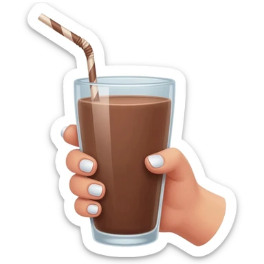 chocolat froid dans un grand verre avec une paille tenue par le bout d’une jolie main de femme avec une belle manucure Style Pinterest réaliste sticker