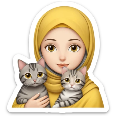 White girl wearing yellow hijab holding a black and grey tabby cat sticker