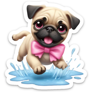 Baby pug with big pink
eyes wearing a pink bow above 1 ear jumping in a puddle  sticker