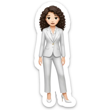 Chica joven con una sonrisa suave con cabello largo rizado y oscuro, piel clara, vestida con un traje blanco elegante y tacones bajos blancos sticker