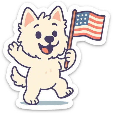 Westie dog waving a US flag, pastel toon cartoon style sticker