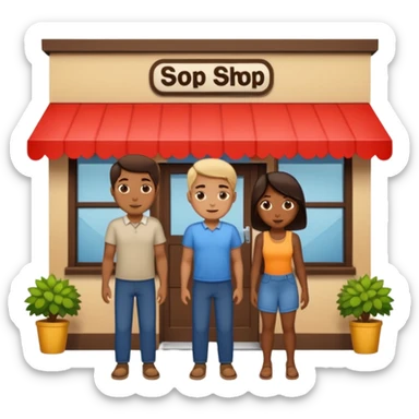 2 grown  2D line-drawn characters + small shop sticker