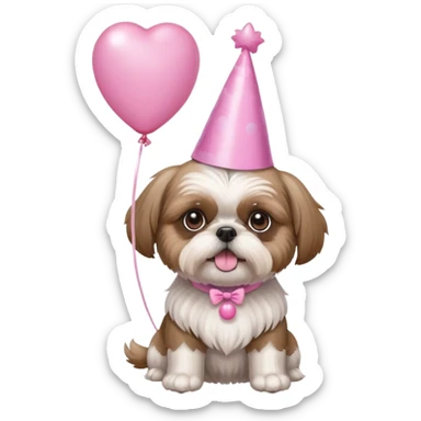 cute shih tzu hold a few cute pink balloons  with pink birthday hat sticker