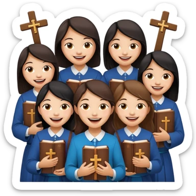 eight asian girls laughing with each other holding bibles and crosses and sticker