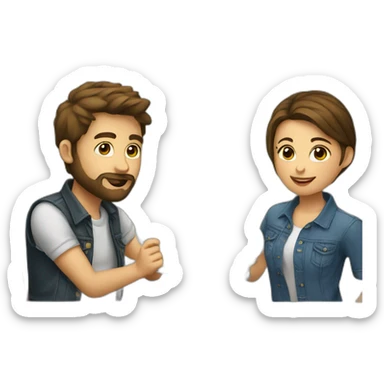 young girl with short brown hair in a relationship with a young man with a beard drinking beers dressed the same with a shirt and jeans sticker
