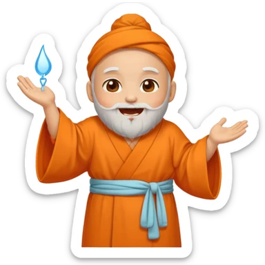 Chibi Aacharya emoji, white beard and bun, orange robe, laughing with tears of joy, cute sticker style, transparent background, PNG sticker