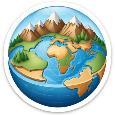An icon featuring a globe, a compass, and topographic maps, symbolizing geography. The design includes mountain ranges, rivers, and coordinates, representing the study of Earth's physical features, climates, and environments. Transparent background highlights geographic research and exploration. sticker