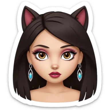 pretty bratz baddie, pretty eyes, pretty makeup, long wolf cut, dark hair sticker