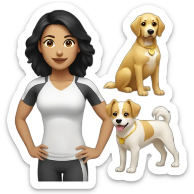 crossfit woman with black hair, white and doing lowering. And a golden dog at her side sticker