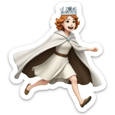 Emma Stone running, with a large stride and arms outstretched, wearing an icicle crown and winter cloak sticker