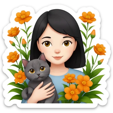 A black-haired girl happily holds a Ginger British Shorthair Cat in the flowers sticker