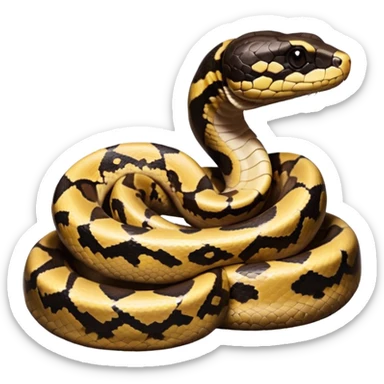 A photo-realistic digital illustration of a Ball Python, chest upward, with a short, rounded head, thick body, and a calm, curious expression. It has a warm brown base color with irregular dark blotches shaped like “alien heads,” and matte-textured scales that emphasize its small, stocky form. sticker