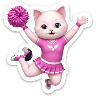A cute chubby white kitten cheerleader in pastel uniform jumping in cheer pose. sticker