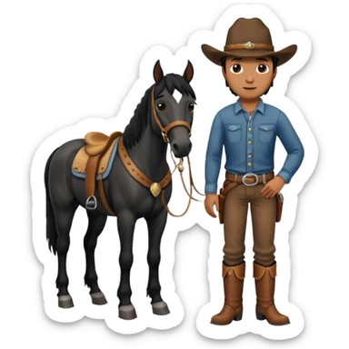 a black horse with cowboy standing with him sticker