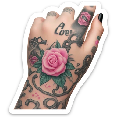White girl hand with pink tattoos holding a tattoo machine sticker