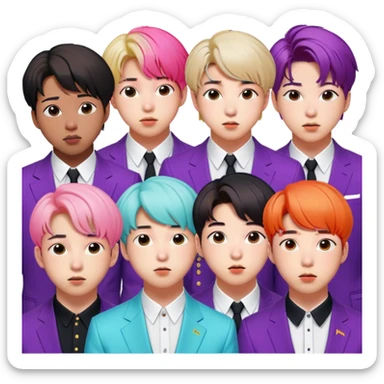 Cinematic Realistic group portrait of BTS featuring all 7 members in stylish modern attire, with detailed facial expressions and vibrant colors, captured in dynamic, contemporary lighting that emphasizes their global pop icon status sticker