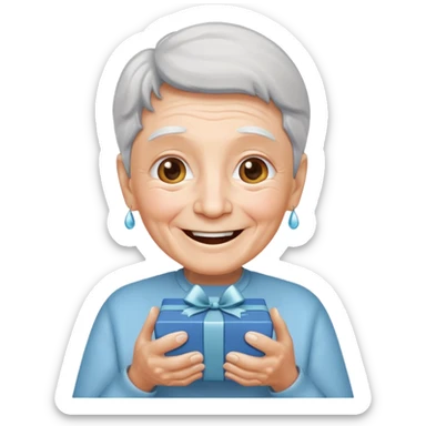 Una persona mayor recibiendo un regalo plateado. Se muestra sonriente y alegre los ojos llorando de felicidad se ve rejuvenecido sticker