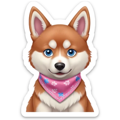 disney-style red siberian husky with blue eyes sitting, wearing a pink bandana sticker