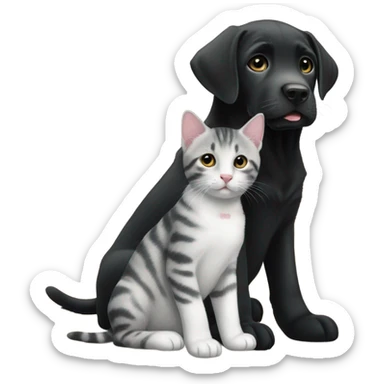 Black lab with grey tabby kitten with white legs sticker
