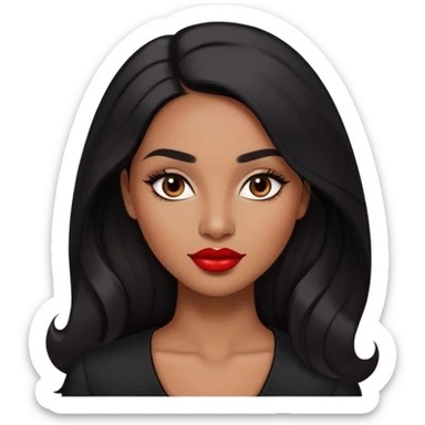 Woman with rich brown skin tone, oval face, elegant features, dark brown eyes, arched eyebrows, red lipstick, long black hair, wearing a black top sticker