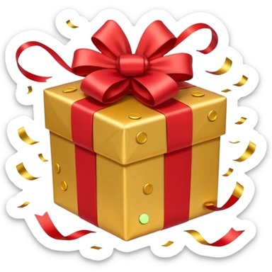 present with gold wrapping and red ribbon with top off and confetti coming out sticker