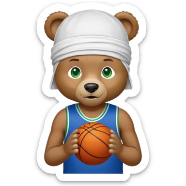 Brown bear with friendly expression and green eyes, white durag on head, blue basketball jersey visible up to shoulders, showing upper body, iOS emoji style sticker