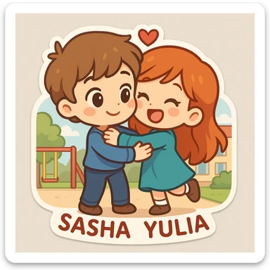 Sticker of Sasha and Yulia, two young lovers, in a cute and playful style, with exaggerated facial features and bright colors, hugging each other, with a background of a school or a playground. sticker