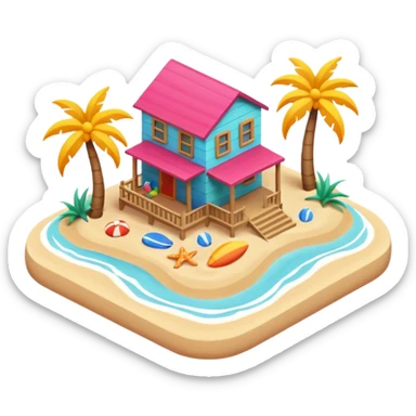 beach house near ocean, sandy ground, small waves, tropical vibe, colorful house, 3D cartoon, cute game icon, clean background, no text sticker