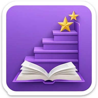 Minimal purple icon: an open book turning into a rising staircase with a star on top. Flat design. sticker