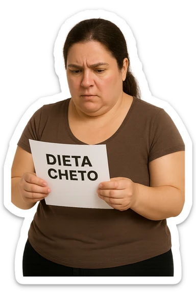 donna realistica leggermente in sovrappeso che legge un foglio con la scritta "dieta Cheto", sfondo bianco, iperrealistica 4k, IPERREALISTICA 4K sticker