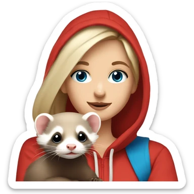 Ferret in hands of a blond girl with blue eyes and long eyelashes  in red hoodie  sticker