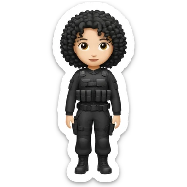 emoji dressed in black, curly hair, light skin, and tactical gear  sticker